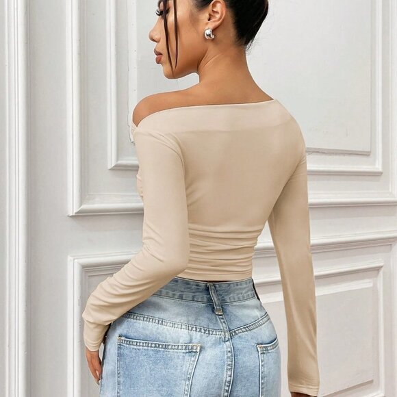 Apricot Casual Women's Asymmetrical Collar Pleated Long Sleeve T-Shirt - Picture 2 of 5